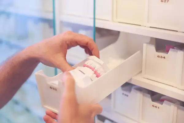 Zahnarzt entnimmt Zahnabdruck aus Schublade im zahntechnischen Labor.
